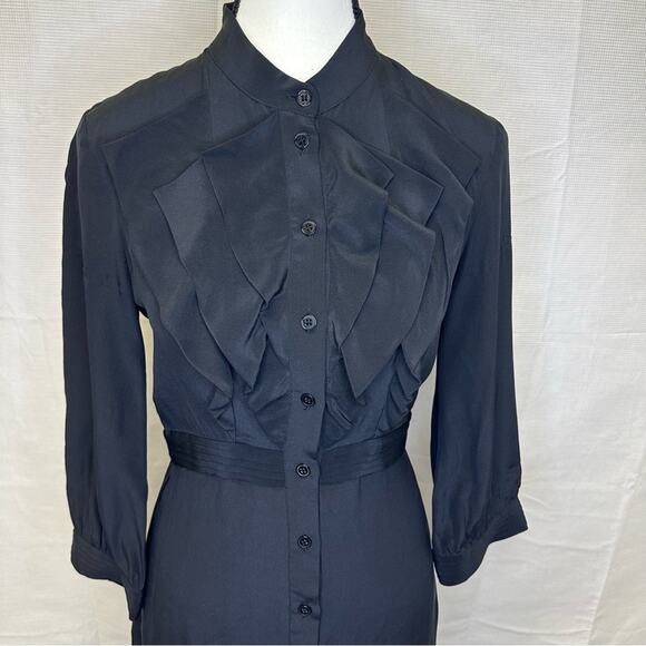 Club Monaco Black Silk Ruffle Shirt Dress - Size 0 - Picture 2 of 14